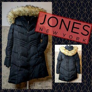 Jones New York Faux-Fur-Trim Hooded Down Puffer Coat, Medium